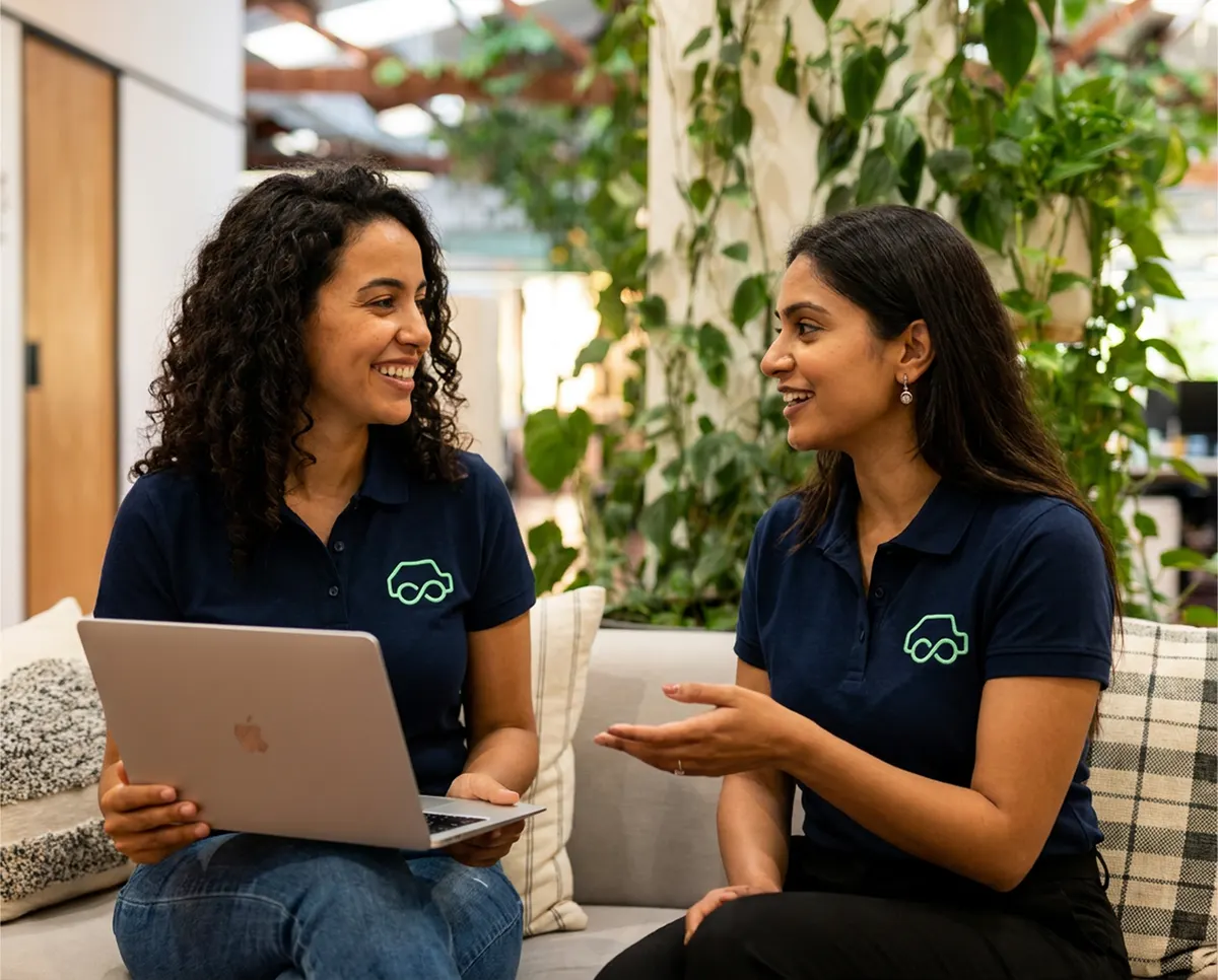 Dos compañeras de Cafler conversando en la zona común