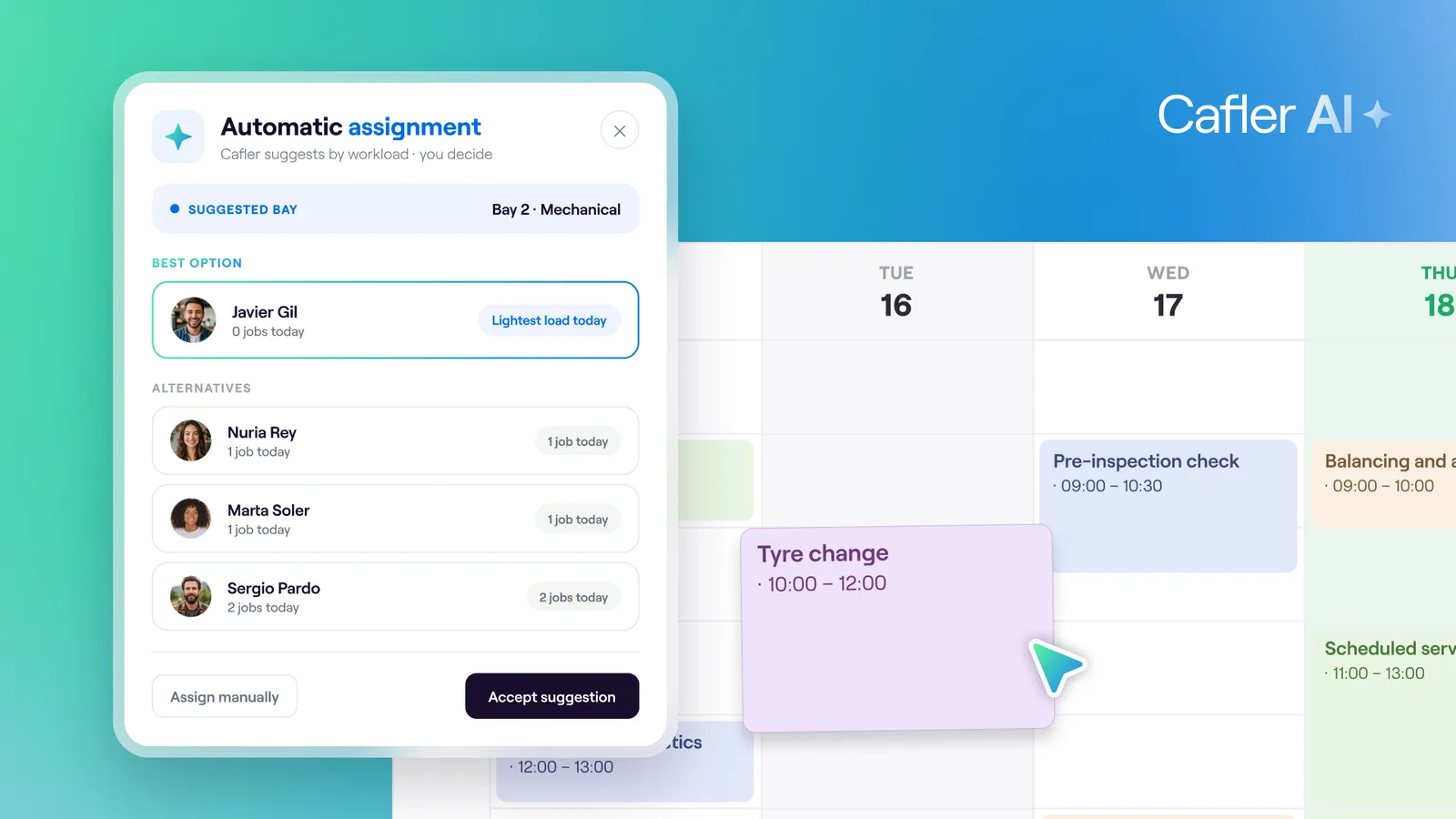 Booking an appointment in Cafler OS: Cafler AI proposes a technician, a bay and a time, with the reason for each choice beside it.