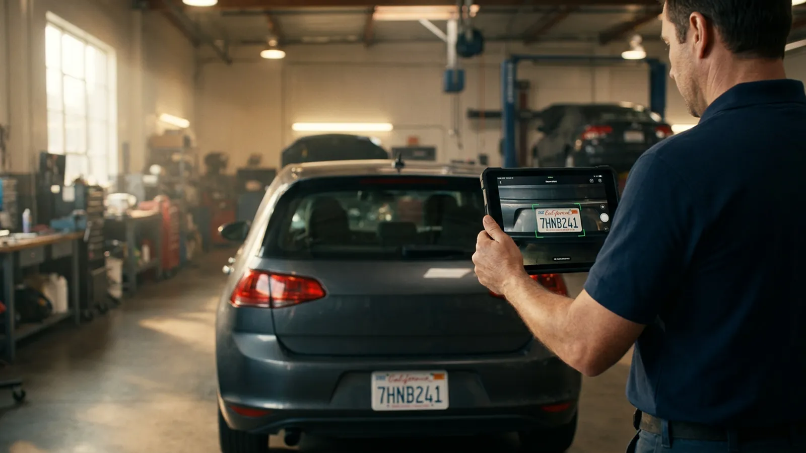 A technician takes a photo of a car’s number plate with a tablet to look it up in the workshop system.
