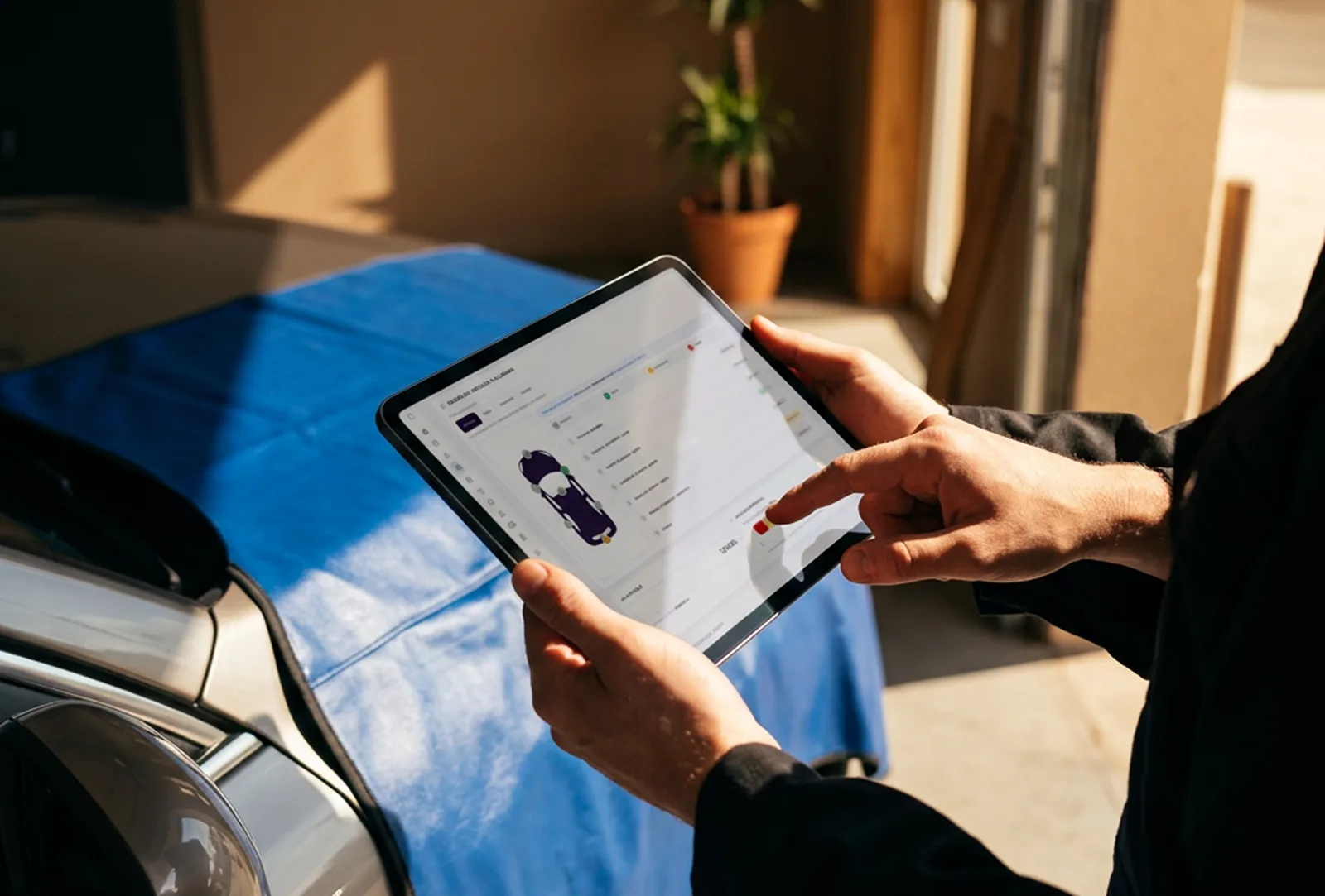 Un mecánico revisa en la tablet la inspección del vehículo, junto al vehículo con el cubrealetas puesto.