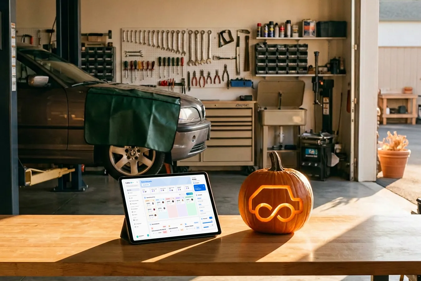 La plataforma de Cafler en una tablet sobre el banco del taller, junto a una calabaza tallada con el logo de Cafler.