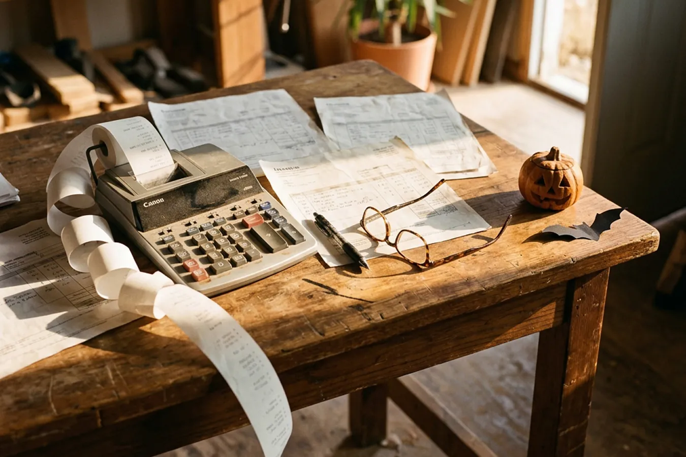 Facturas, una calculadora con el rollo de papel desenrollado y unas gafas sobre la mesa del taller.