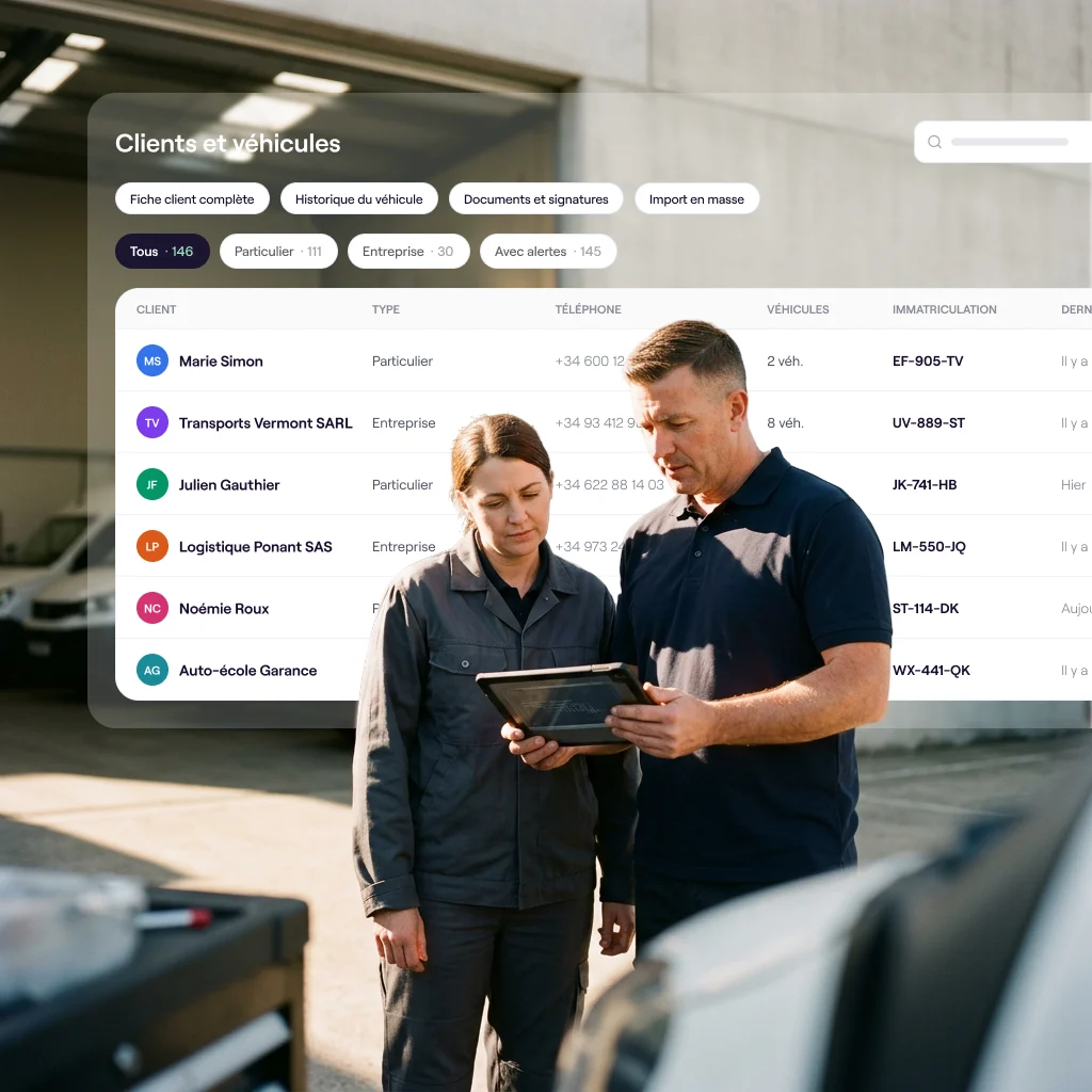 The Cafler OS CRM filtered to company customers, showing how many vehicles each fleet has.