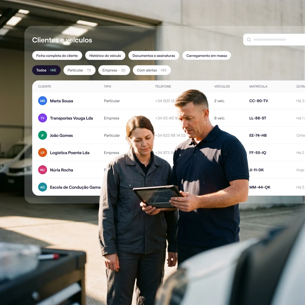 The Cafler OS CRM filtered to company customers, showing how many vehicles each fleet has.