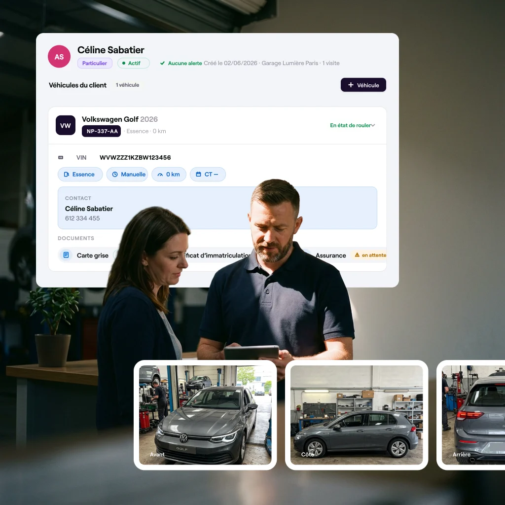 The Cafler OS customer and vehicle list with the customer record open on top, showing the vehicle detail: plate, VIN, contact person and documents.