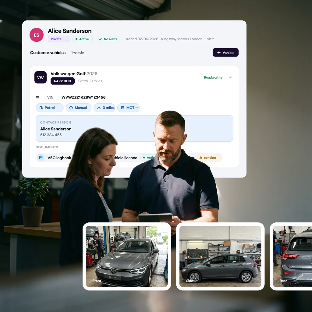 The Cafler OS customer and vehicle list with the customer record open on top, showing the vehicle detail: plate, VIN, contact person and documents.
