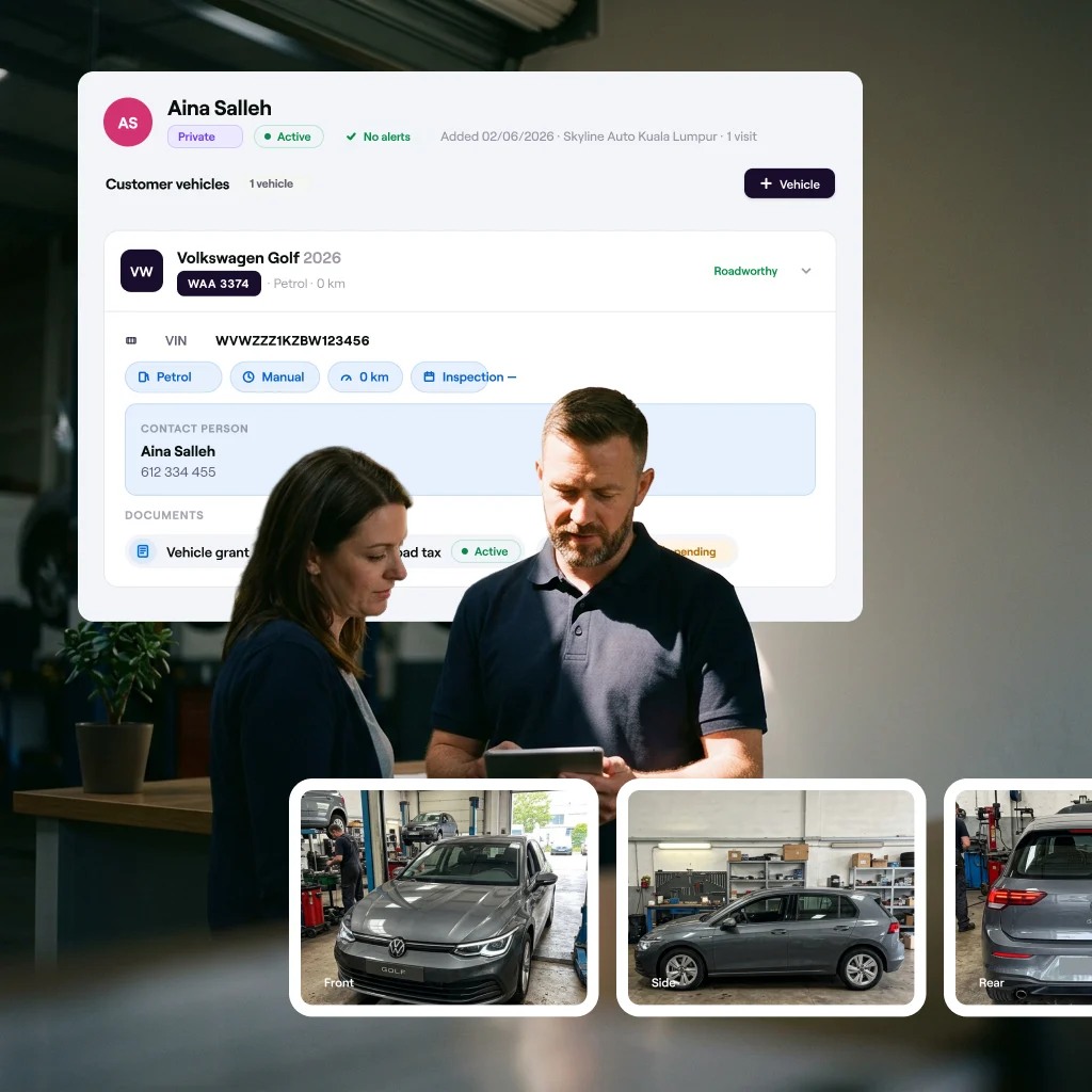 The Cafler OS customer and vehicle list with the customer record open on top, showing the vehicle detail: plate, VIN, contact person and documents.