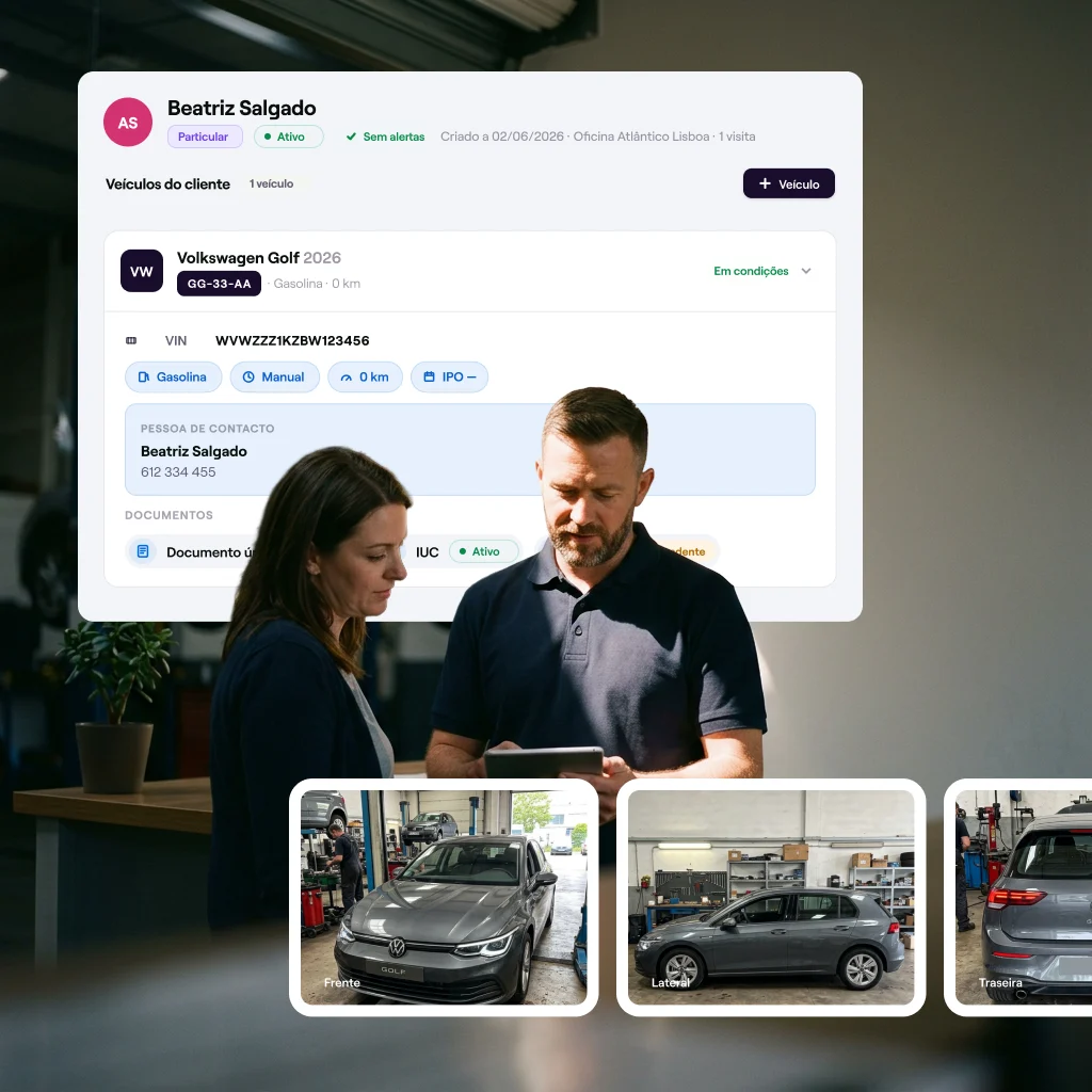 The Cafler OS customer and vehicle list with the customer record open on top, showing the vehicle detail: plate, VIN, contact person and documents.