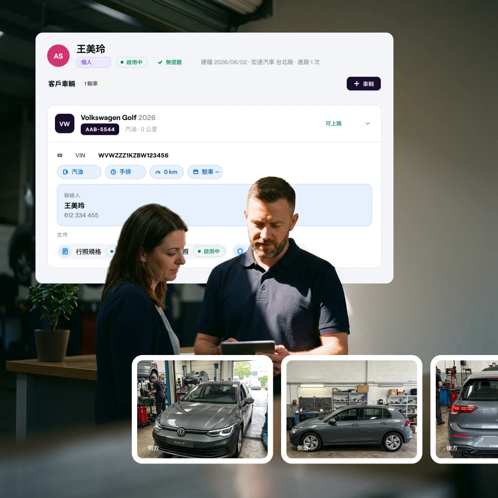 The Cafler OS customer and vehicle list with the customer record open on top, showing the vehicle detail: plate, VIN, contact person and documents.