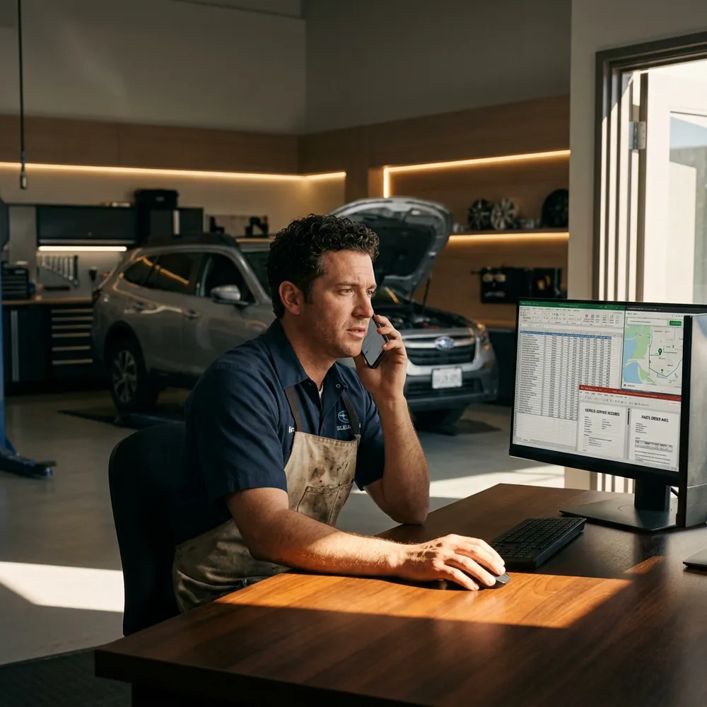 Mechanic on the phone checking a vehicle’s data on the computer