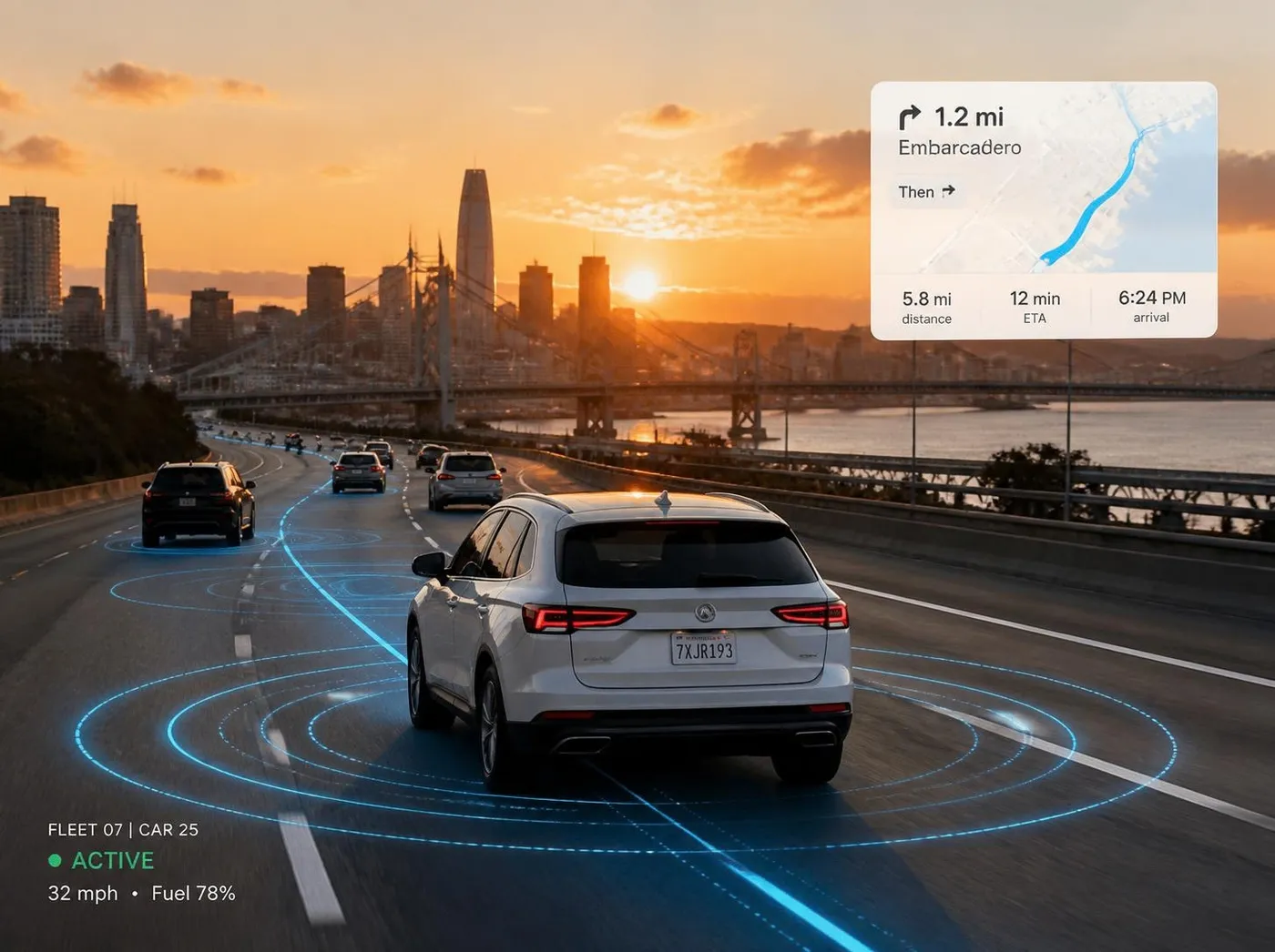 Connected vehicle on the road with telematics data on screen